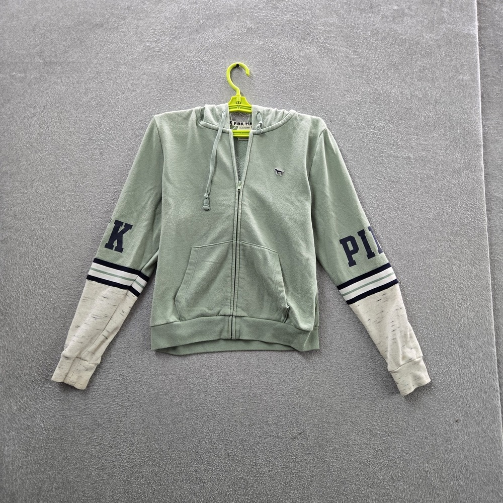 Victoria's Secret PINK Women Hoodie M Green Colorblock Fleece Dog READ